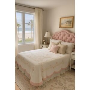 Limited Edition Quilted Throw Blanket Floral Pink Scalloped Edge  #3000 vintage